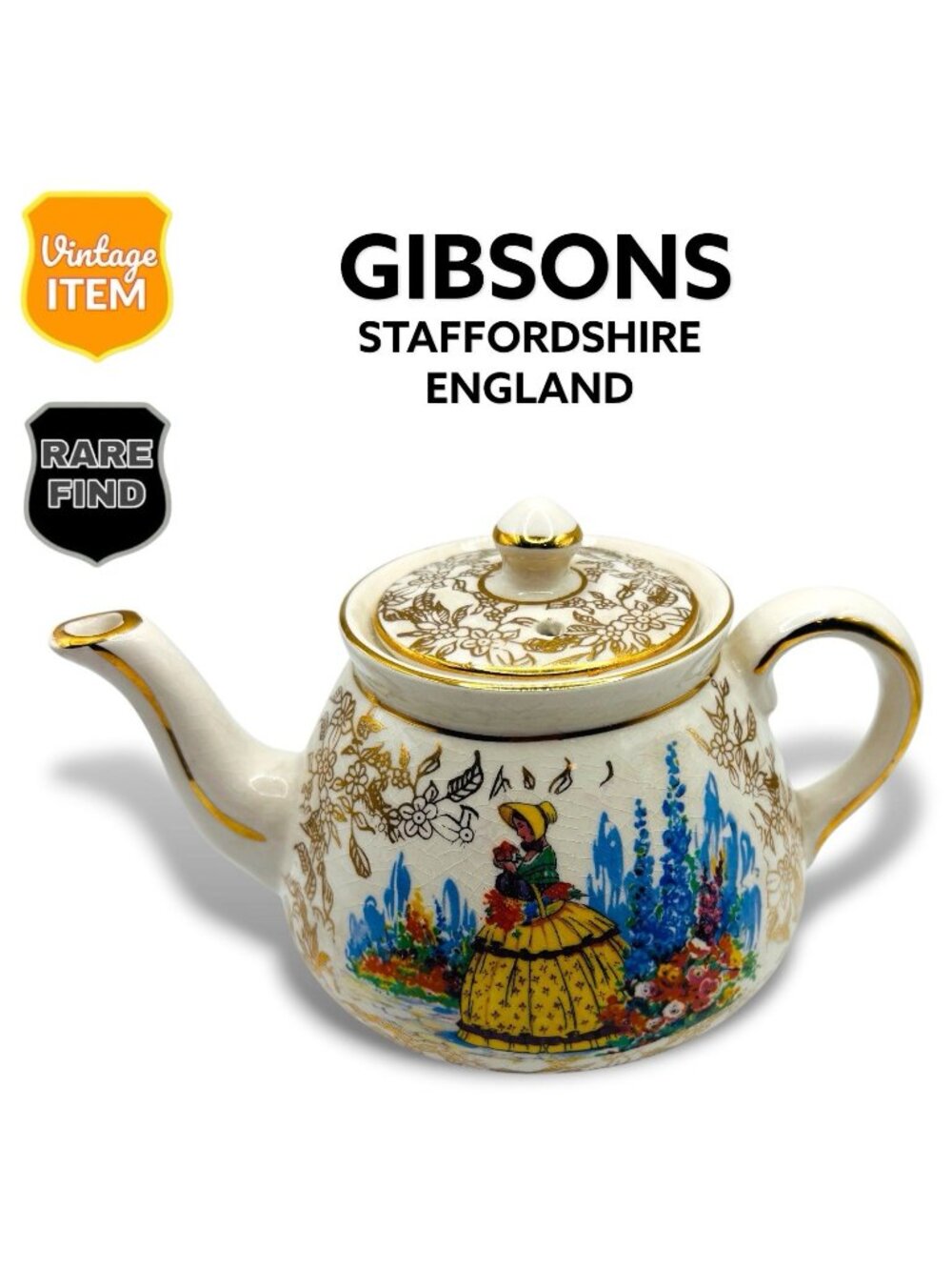 Vintage Royal SADLER China England Gold Chintz TEAPOT Crinoline Lady.